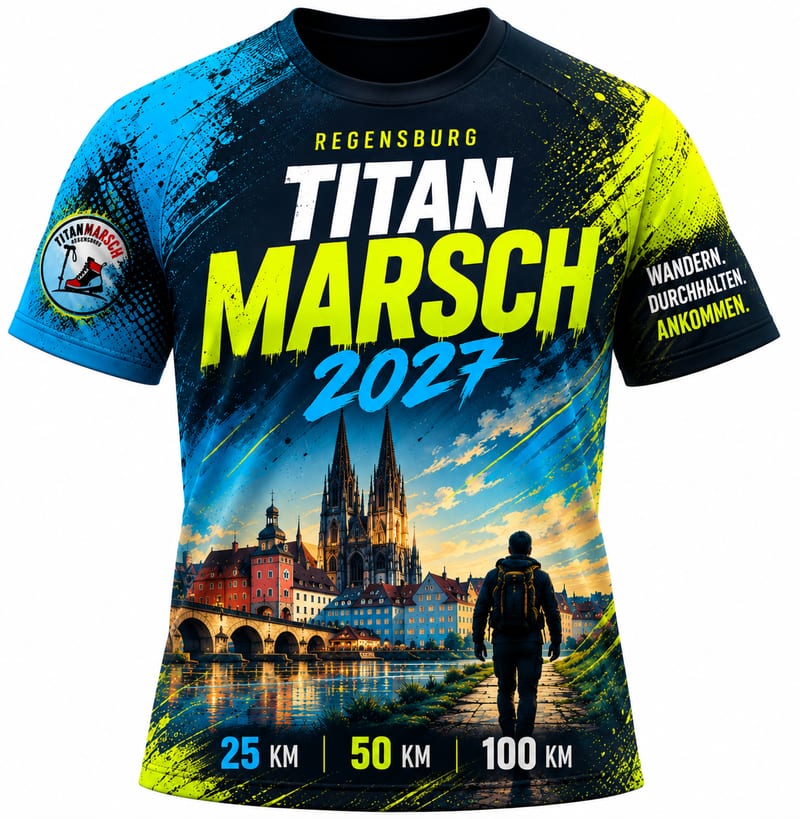 Finisher-Shirt 2027 im Farbspritz-Design: Dom, Steinerne Brücke und Donau, Vorderseite